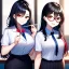 Placeholder: Clear focus, 8k, high quality, detailed, beautiful lighting, girl, vibrant colors, black hair, vibrant red eyes, office clothes, red glasses, holding pin, smile