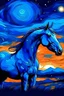 Placeholder: caballo azul magico con anochecer de fondo y un cielo estrellado estilo van gogh