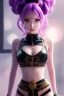 Placeholder: Detailed cute anime Kunoichi girl, purple hair buns, purple bangs, black latex bodysuit, intricate details, full body portrait, keep head in frame, slight smile, black Japanese motif, concept art, highly detailed, digital painting, concept art, sharp focus, illustration, art by Yoji Shinkawa, WLOP and greg rutkowski and alphonse mucha and artgerm and yanjun Chen and Junji ito and Makoto Shinkai, HDR, octane render