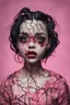 Placeholder: full color, illustration of a darkred and pink tones, menacing, Singer Melanie Martinez face, as a decayed, broken, skin turned translucent, black veins that extended like roots beneath her skin, latex suit, crude homemade cloth doll toy, with a narrow cracked porcelain face, thick dark eyebrows, hair in two gradually, made from ragged strips of cloth, in the style of Alex Pardee, Tim Burton, and Nadya Sheremet