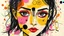 Placeholder: A mixed media collage featuring an abstract female figure with expressive eyes, adorned in vibrant patterns and symbols that evoke emotion., focus on face, isolated background, color splashes, scribbles, pen strokes, collage style, mixed media collage, scrapbook aesthetic, yellow-orange black purple pink white tones, vintage paper textures, hand drawn elements, playful use of shapes, bold shadows, whimsical atmosphere, textured brushstrokes, monochromatic palette, light pastel colors --ar 1:2 --