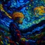 Placeholder: Dark and abstract depiction of a mental crisis, using oil painting style inspired by Vincent Van Gogh's "Starry Night", with chaotic brushstrokes and vibrant colors to convey the intensity of emotions. The central figure is a distorted self-portrait of the artist, surrounded by swirling clouds and ominous shadows.