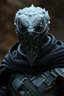 Placeholder: male lizard with jet-black skin, eyes like faceted crystal, wearing full leather armor, a black cloak and a full mask