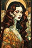 Placeholder: create an abstract, cubist, highly ethereal, darkly magical full body illustration of a deeply sorrowful, savage Bruja vampire girl with highly detailed and deeply cut facial features, in the style of GUSTAV KLIMT, EDWARD BURNE-JONES, WILLIAM MORRIS, and KATHE KOLLWITZ combined with the comic art style of BILL SIENKIEWICZ and JEAN GIRAUD MOEBIUS, searing lines and forceful strokes, precisely drawn, inked, and darkly colored