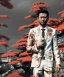 Placeholder: an abstract painting of rusted metal and flowers, Japan style, 8K, a Highly detailed stunning portrait of Dom man holding a submissive woman by the chain, realistic face, white suit, beard, and short hair, bad boy