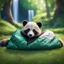 Placeholder: pen outline, waterfall, panda fox racoon in luxury sleeping bag on green lawn in magical forest ,bokeh like f/0.8, tilt-shift lens 8k, high detail, smooth render, down-light, unreal engine