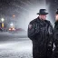 Placeholder: large muscular police officer speaking to a muscular man wearing a trench coat, downtown snowy new york at night, dramatic, dramatic lighting, volumetric lighting, hyperrealism, 8k, high quality, photorealistic, lot of details