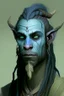 Placeholder: A tieffelin with blue skin and white Dreadlock hair. His pupil-less eyes are green. He wears a small beard. His horns are black and curved backwards. He wears a beige tunic.