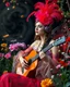 Placeholder: Gorgeous Realistic Photograph Pretty European Supermodel Beautiful, a stunning adorned in vibrant luxury carnival attire, headphones,playing acoustic guitar sitting in chair park flowers,ethereal beauty, black background, with swirling colors and fantastical tiny flowers, enchantment and grace, twisted vines, whimsical, surreal landscapes, emotive style, dreamlike quality, and magical realism, carnival red, ethereal pink, whimsical blue, vibrant green, celestial purple, golden amber