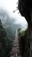 Placeholder: A wooden bridge between two mountains peaks in the Amazon side view , , below is a huge wood top view , foggy, misty , adventures