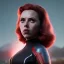 Placeholder: retro sci-fi portrait image from 1960, supermarket parking explosion, fire, classic black widow, young Scarlett Johansson, tight lycra suit, soft color, highly detailed, unreal engine 5, ray tracing, RTX, lumen lighting, ultra detail, volumetric lighting, 3d, finely drawn, high definition, high resolution.