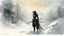 Placeholder: A female warrior in black armor on the background of a cold snow-covered country, ice and crystal, frost and snow,, light watercolor sketch, by Leonid Afremov & Benedick Bana & Atelier Olschinsky & Ian McQue