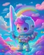 Placeholder: Highly detailed portrait of a cute little astronaut. He has a bright and cheerful color scheme, featuring a mix of pastel blues, pinks, and purples, standing with his arms folded holding a toy sword, surrounded by a swirl of energy. The background is a colorful cartoon landscape, with fluffy clouds and a rainbow. The background is a stark, metallic landscape, with a futuristic cityscape visible in the distance. by atey ghailan, by eduard hopper, by greg tocchini, by james gilleard, grunge aesthe