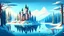 Placeholder: cartoon illustration: a large beautiful frozen lake and next to the lake is a magical castle. The castle is on a hill, surrounded by pine trees.