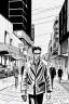 Placeholder: Street, two men walking. Graphic novel style Isabel Kreiz