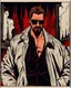 Placeholder: a young man with big muscles who looks like hans gruber wearing a heavy coat and red sunglasses staring with an irritated look on his face standing in front of a large fire