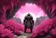 Placeholder: [fractal art: Mandelbulb 3d] seen from outside: a stone samurai from below at the entrance of a circular cave surrounded by a fractal field of thousands of pink ferns of all sizes, everywhere everywhere on the image