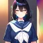 Placeholder: Clear Focus, High resolution, girl wearing a sailor uniform, rainbow eyes, medium hair length, black hair with a gradient of rainbow