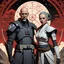 Placeholder: a bold and heroic bald male Corellian pilot in black and grey First Order special forces gear meets a female Jedi Master in ancient, mystical temple, hyperdetailed, dynamic lighting, hyperdetailed background, 8k resolution, volumetric lighting, light skin, fully symmetric details