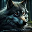 Placeholder: sad small scruffy wolf with a chain around its neck laying down eyes closed, photorealistic, 4k, dark fantasy, forest