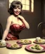 Placeholder: Ultra realistic photographic portrait, happy young Gina Lollobrigida woman sitting with arms resting on Italian kitchen table, pretty tortellini dish, retro dress by 1960, classic style decoration, cold, soft color, highly detailed, unreal engine 5, ray tracing, RTX, lumen lighting, ultra detail, volumetric lighting, high definition.