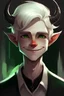 Placeholder: Male, solo; petite, little, short stature, baby face, short hair, white hair, antenna hair, smirk, v-shaped_eyebrows, green eyes, black skin, thick_eyebrows, grin, round face, black devil horns give him black skin