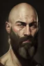 Placeholder: Portrait of a bald man, muscled, with quite-long brown beard, a black bandage on his right eye,