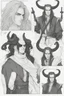 Placeholder: A dnd character sheet, a tiefling man with long hair and long black horns, white eyes and pale skin. Handsome.