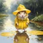 Placeholder: adorable anthropomorphic Hamster on hind legs with a floppy yellow rain hat and yellow galoshes peering at her (hamster reflection in a puddle:1.5) after a rainstorm, amazing perfect reflection, reflective, artistic, by Michael Sowa and Norman Rockwell, dramatic, natural lighting, watercolor illustration, concept art