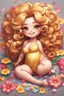 Placeholder: A sassy thick-lined airbrushed cartoon chibi girl lounging lazily on her side, surrounded by flower petals. She has a golden lion tail curling playfully behind her curvy body. Looking up coyly, she grins widely, showing sharp lion teeth. Her poofy hair forms a mane framing her confident, regal expression.