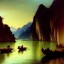 Placeholder: Drawing of 'traditional Chinese fisherman'mountains,river,boat,lantern,cormorans,painting by gaston bussiere, greg rutkowski, yoji shinkawa, yoshitaka amano, tsutomu nihei, donato giancola, tim hildebrandt, evan lee,oil on canvas, cinematic composition, extreme detail,fit full head inside picture,16k