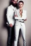 Placeholder: BDSM style, 8K, a Highly detailed portrait of a Dom man holding a kneeling submissive woman leash, white suit, beard, and short hair, bad boy