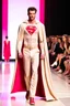 Placeholder: A guy on a fashion runway with Superman elegant Clothes in neutral colors