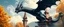 Placeholder: portrait of a shiny black dragon squirrel in autumn, flying above wooden castle, breathing smoke