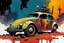 Placeholder: create an abstract, powerful, stripped down, armored, post apocalyptic Volkwagen beetle hot rod with highly detailed features, lost in a horrific industrial wasteland, in the comic book art style of Bill Sienkiewicz, Mike Mignola, and Jean Giraud Moebius , searing lines , forceful strokes, precisely drawn, inked, and colored