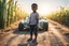 Placeholder: a little black boy standing happily next to a plastic bottle car made of several plastic bottles on a dirty road next to a corn field in sunshine, ethereal, cinematic postprocessing, bokeh, dof