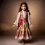 Placeholder: full body 7years old girl ,simple background, full body of very pretty little girl in azeri dance wearing A underdress or shirt, often made of silk,A fitted, often velvet or brocade, jacket worn over the shirt.Wide, bell-shaped skirts are worn, often long and layered to create beautiful movements while dancing, with a long lace scarf at back of her head ,with pretty shoes,in T pose looking at camera.