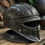 Placeholder: a combat knight helmet, intricately carved, etchings, designer, highly detailed