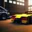 Placeholder: volumetric warehouse environment with car built with legos, bumper, headlights, fullscreen