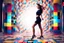 Placeholder: beautiful lady with todays modern clothing and sport shoes, in surreal stage made of fractal random size recursive objects with helical strip colors in clothing similar to environment full body dancing to camera,animating background metallic random color cubes