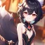 Placeholder: Clear focus,High resolution, black short fluffy hair, long fluffy bangs, and red eyes, Depressed girl, wearing a genshin impact outfit,slight revealing outfit, Smug smile, half closed eyes, smile, full body, Extreme close up, smiling, eyes close