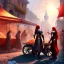 Placeholder: Three young teenagers with red hair, crowded busy street, stalls and carts with food and fruit, magic festival, spellcasting, leather armor,fantasy adventure, photorealistic, pristine,