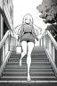 Placeholder: girl runs on the stairs, greyscale