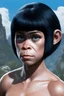 Placeholder: full body - Horror of the Planet of the Apes - black hair, Deep Blue Eyes - head and shoulders portrait - Lenna, part chimpanzee, part human, short, bowl-cut, straight black hair, the bangs cut straight across the forehead, she resembles a Zira from the Planet of the Apes, and she resembles Spock - Mountains, blue skies, clouds, red roses, blue roses, yellow roses, honeysuckle roses, carnations, lilacs, oil painting by Frank Frazetta