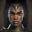 Placeholder: portrait of black female warrior princess with black hair dark brown eyes and pointed ears