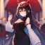 Placeholder: Clear focus,High resolution, Black sleeveless fluffy Shirt, Black short skirt with Red under it, Cut sleeves that are Black, Standing still, Black long hair, Red eyes, Red horns