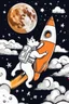 Placeholder: white and orange dog flies to the moon top of the a rocket