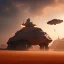 Placeholder: volumetric desert environment, Ralph McQuarrie style painting, armored hovercraft, floating in the air, highly detailed, renderman, duststorm at sunrise, hovercraft