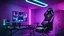 Placeholder: Dark purple and black gaming room with neon lights, gaming chair and PC with RGBs, realistic style, black cat sitting on the chair