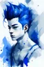 Placeholder: indigo guy with a barroc hairstyle wigg in a white corset in oil painting effect ink brushstrokes